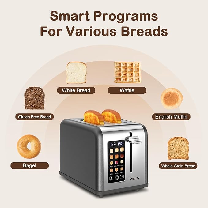 Mecity 2 Slice Touch Screen Toaster 1.5 Wide Slot Stainless Steel Smart Toaster for Bagels Muffins Waffles Gluten-Free Breads Defrost Reheat Timer 120V 825W Grey Pearl