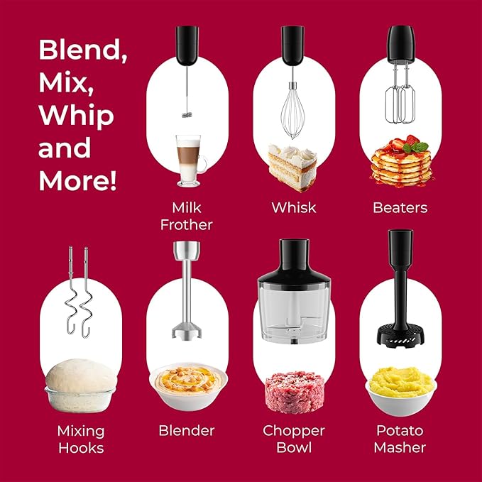 MuellerLiving Immersion Hand Blender Full Set - 8 Speed Immersion Blender Hand Mixer with 7 Attachments: Stainless Steel Blade Whisk Milk Frother Beater Mixing Hooks Potato Masher Chopper Bowl