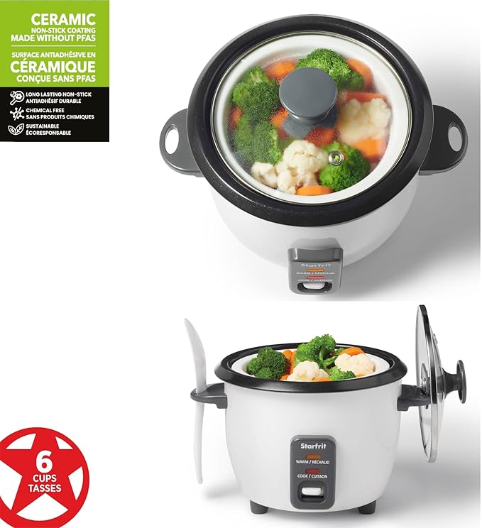 Starfrit Electric Rice Cooker - 6 Cups - Steamer Basket Measuring Cup &amp Service Spoon - 300W - Makes Perfect Rice!