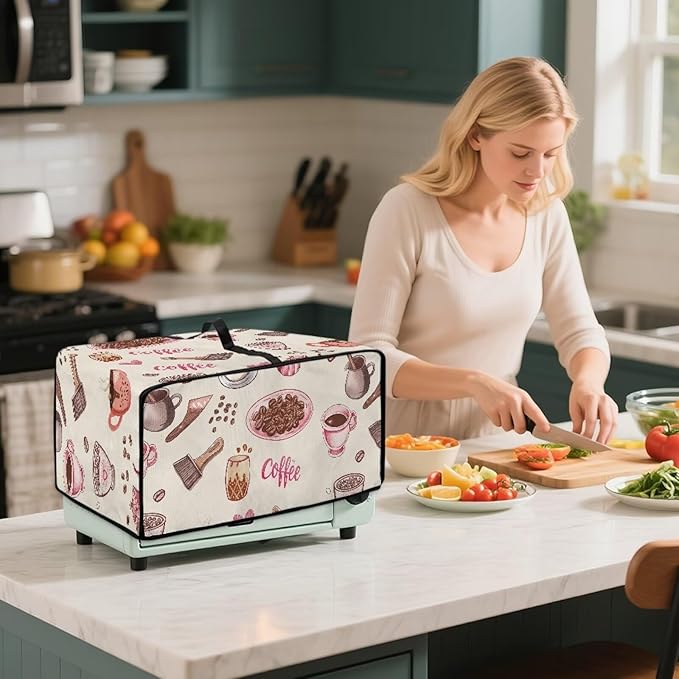 Toaster Oven Dust Cover with Accessory Pockets Neat Storage and Protection with Organizing Side Pockets for Kitchen Toaster Oven Appliances Decor Coffee Love