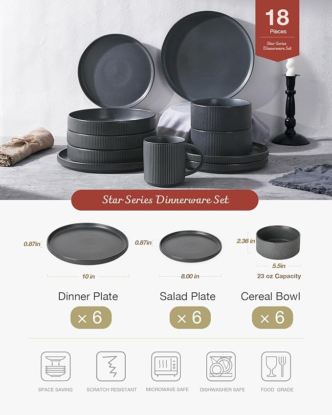 Famiware Star Dinnerware Set with Plates and Bowls Service for 6 (24-Piece) Stoneware Kitchen Dishes Dinner Sets - Matte Dark Charcoal