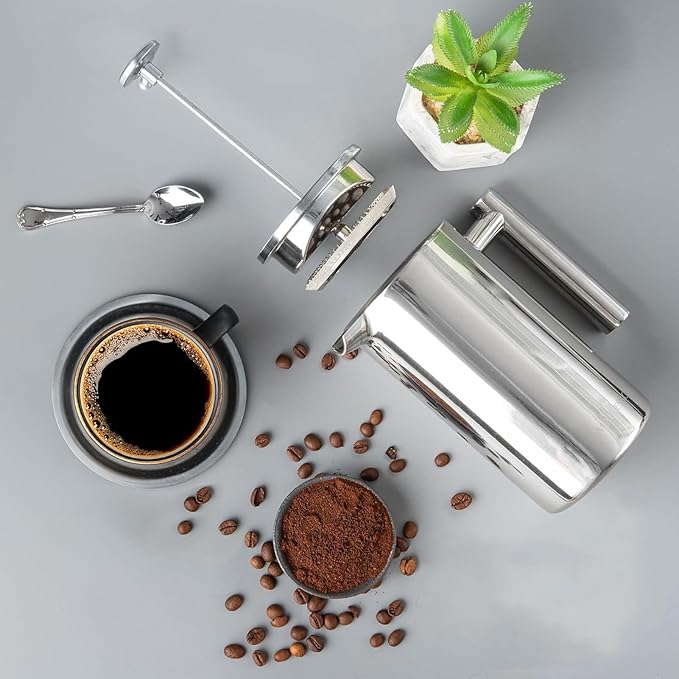 French Press Coffee Maker 34oz/1L Double Wall Stainless Steel Coffee Press with 3 Filters &amp Cleaning Brush Insulated Tea Maker for Home Camping &amp Travel (34 fl oz)