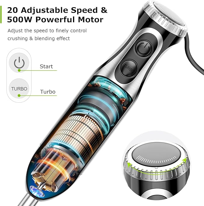 Bonsenkitchen Immersion Blender Handheld with Food Processor 20 Speeds Hand Blender with Turbo Mode Stainless Steel Blade Egg Whisk Beaker &amp Chopper Bowl Hand Mixer for Smoothie Soup Baby F