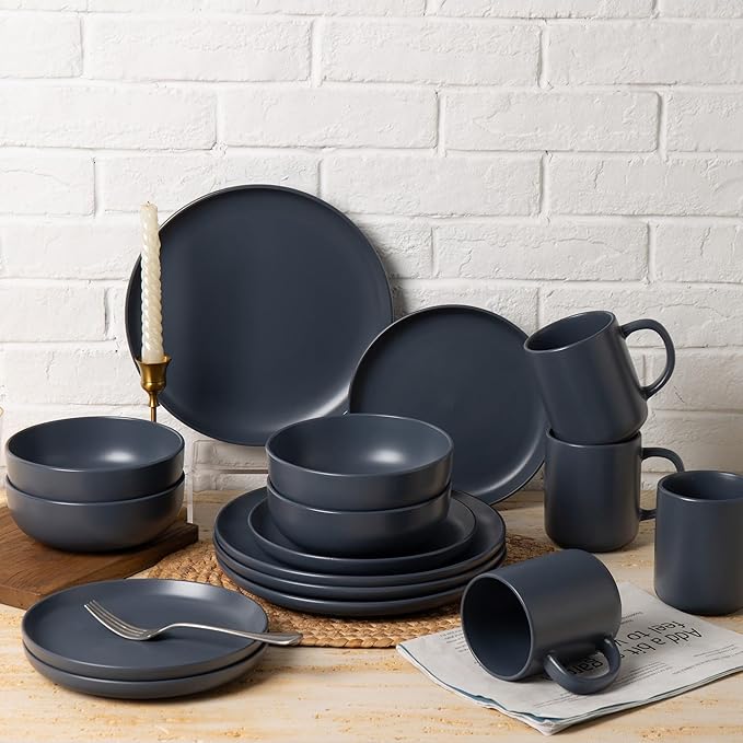 12-Piece Stoneware Dinnerware Set with Mugs | Microwave and Dishwasher Friendly | Stackable Matte Glaze Plates &amp Bowls | Service for 3 (Blue for 4)