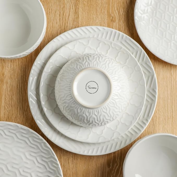Sureasy Ceramic Dinnerware Sets for 8 24 Piece Embossed Plates and Bowls Sets Scratch Resistant Stoneware Dishes Set Dishwasher and Microwave Safe White