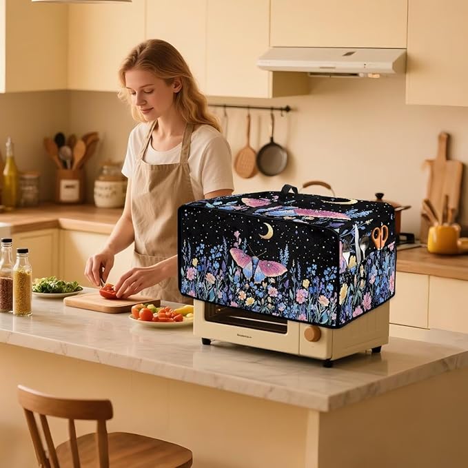 Dustproof Toaster Oven Cover Heat-Resistant Microwave Grill Cover Protector Faux Linen Polyester Dust Covers Case Protections for Toaster Oven Butterfly Night