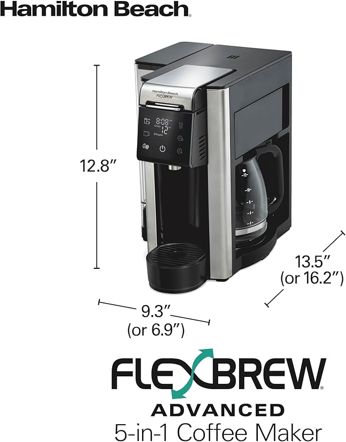 Hamilton Beach FlexBrew Advanced 5-in-1 Programmable 12 Cup Drip and Single Serve Hot &amp Iced Coffee Maker with Movable 60 oz. Water Reservoir Use Pod Packs and Grounds Fast Brewing Black (49924