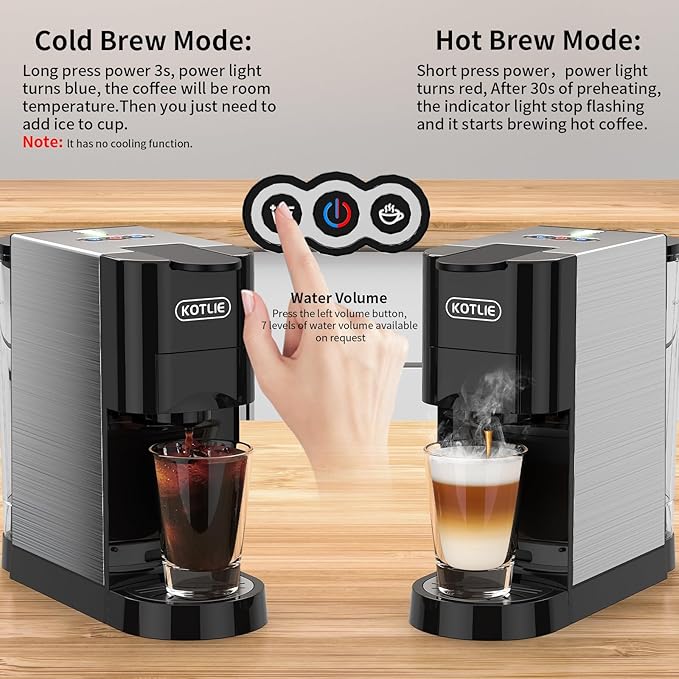 KOTLIE 19Bar Pressure Single Serve Coffee Maker Multifunctional 5in1 Coffee Machine for NES* Original/Dolce Gusto/K cup/Ground Coffee/illy 44mm ESE Cold&ampHot Brew Level 7 watervolume (AC-513HF)