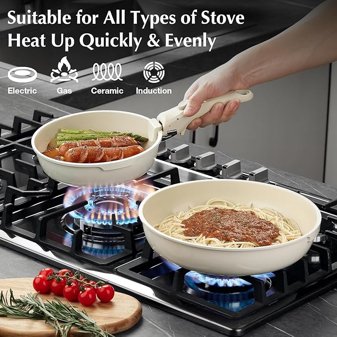 White Non-Stick Ceramic Cookware Set 5-Piece Pots and Pans Set with Detachable Handles Perfect for Everyday Cooking RV Camping and Compact Kitchens Induction Compatible PFOA &amp PTFE Free