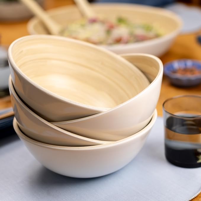 LEXA 8-Piece Handcrafted Bamboo Plate &amp Bowl Set Four 12” Serving Plates and Four 8” Bowls Spun Bamboo Dinnerware for Everyday Meals Entertaining &amp Home Décor (White)