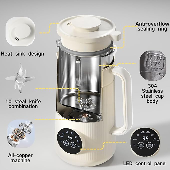 8 in 1 Automatic Nut Milk Maker Machine 35oz Multi-Functional Soybean Milk Maker with 10 Blades Plant-Based Oat Almond Dairy Free Beverages with 12h Timer Heating Auto-clean Keep Warm 2h