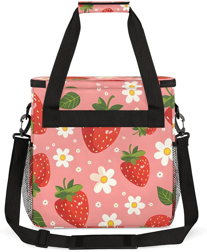 Flower Strawberry Coffee Maker Travel Bag for Keurig K-Mini/K-Mini Plus Insulated Waterproof Tote with Pockets for K-Cup Portable Single-Serve Brewer Case