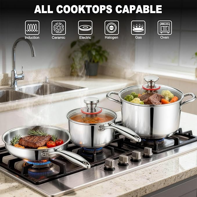 P&ampP CHEF 3-Ply Stainless Steel Cookware Set of 6 10-Pieces Pots and Pans Sets Stainless Steel for Kitchen Induction Multi Cooktops &amp Oven Dishwasher Safe Frying Pans Saucepans Saute Pan