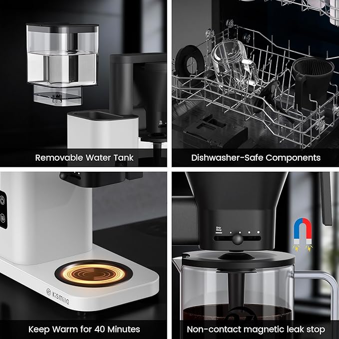 Kismile 8-Cup Drip Coffee MakerRapid Heating System for Seconds BrewingAutomatic Pour Over Coffee MachineDetachable Water TankDeep Cold Brew &amp Keep Warm 40 Min Easy to Clean (White)