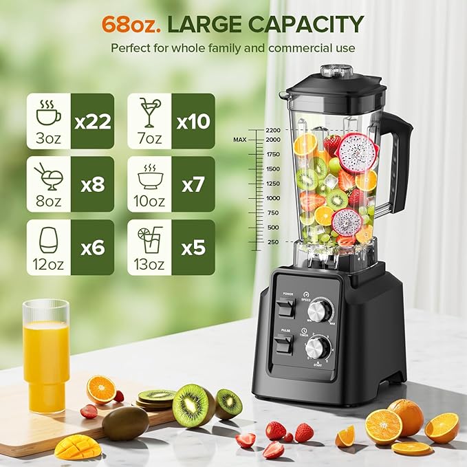 Blenders for Kitchen Smoothie Blender with Timer - Countertop Blenders with 68oz Dishwasher-Safe Pitcher Ice Crushing &amp Frozen Fruit Black