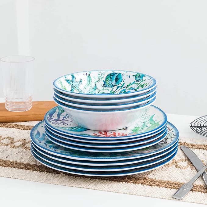 LEHAHA 12-Piece Melamine Beach Dinnerware Set Coastal Plates and Bowls Sets Oceanic Sea Life Dish Sets for 4 Great for Indoor Outdoor Dining on the Beach RV Camping or Cabin