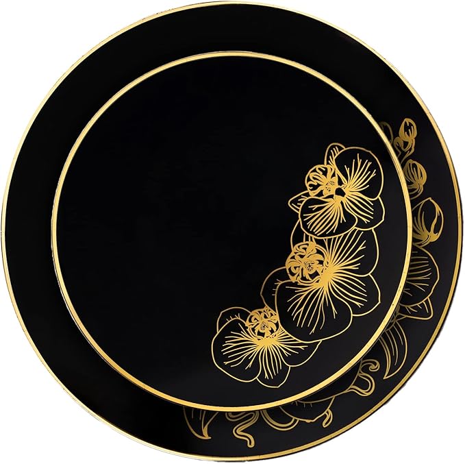 Nicole Fantini's Elegant Orchard Collection Party Dinner Sets: Economical Stylish Black &amp Gold Party Serving for 50 Person: 300 pices