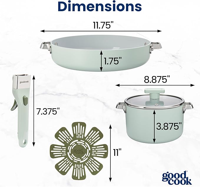 GoodCook Ceramic Cookware Set 5-Piece with Removable Handle Induction Compatible Nonstick and Oven Safe with 9.5-Inch Frypan Sage Green