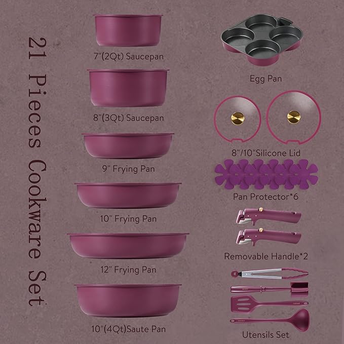 CAROTE 21pcs Pots and Pans Set Nonstick Cookware Set Detachable Handle Induction Kitchen Cookware Sets Non Stick with Removable Handle RV Cookware Set Gold and Purple