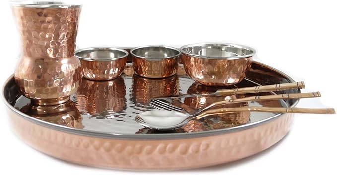 ibaexports Classic Indian Traditional 8 Piece Copper Tableware Dinner Set Collection Thali Bowls Utensils Health