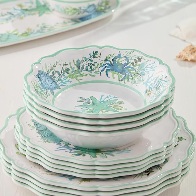 Sea Glass 12 Pc. MELAMINE DINNERWARE SET SERVICEfor 4 coastal mix‑and‑match plates and bowls with ocean motifs ideal for indoor outdoor dining beach homes patios poolside meals
