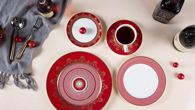 European Style Dinnerware Set Service for 2 Bone China Dinnerware Sets Unbreakable Porcelain Dinner Sets Coffee Cup and Saucer Tableware Set Steak Dinner Plates Dish Set Red Radiant Gold-3