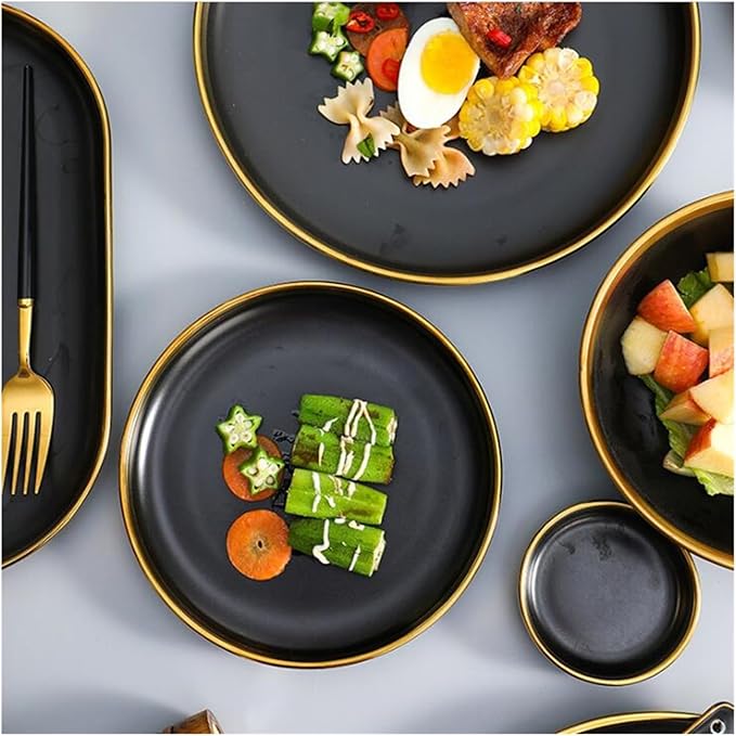Black Porcelain Dinnerware Set Kitchen Dishes Ceramics Tableware Food Tray Rice Salad Noodles Bowl Cutlery Set (7.5 Inch Plate 1pcs)