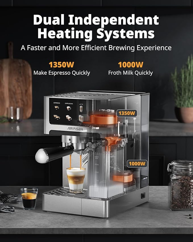 AIRMSEN 20 Bar Espresso Machine with Automatic Milk Frother Cappuccino &amp Latte Coffee Maker with Quick Brew Dual Boiler (1350W + 1000W) Stainless Steel 60oz Water Tank Touchscreen
