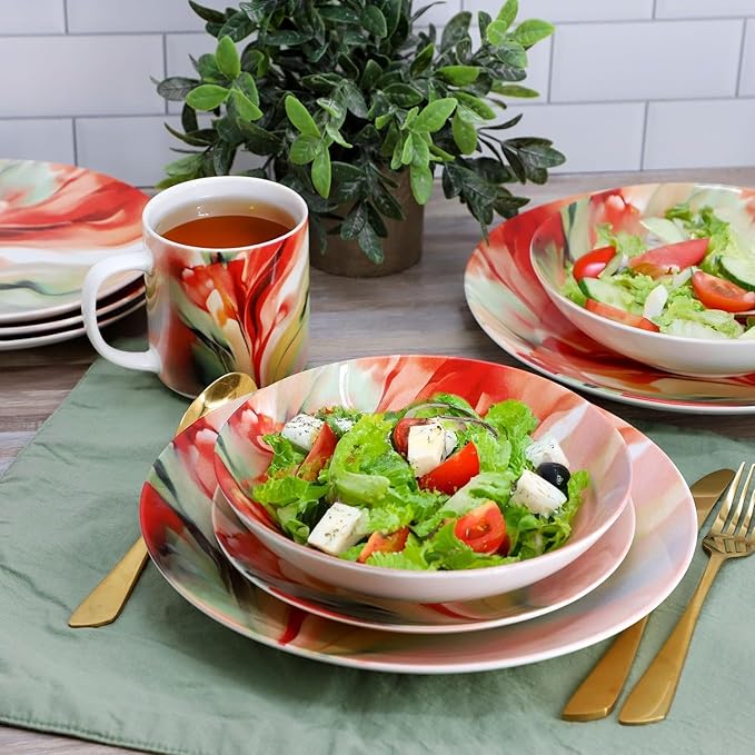 16‑Piece Porcelain Dinnerware Set with Floral Design – Round Plates Bowls and Mugs Microwave &amp Dishwasher Safe Tableware for 4 (Assorted)