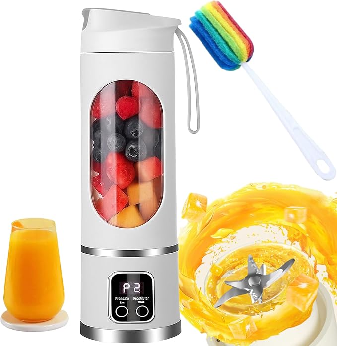Digital Multimode Display Blender Portable Digital Display Juicer USB Rechargeable Mini Juice Cup With 12 Stainless Steel Blades Leak Proof Design (White)