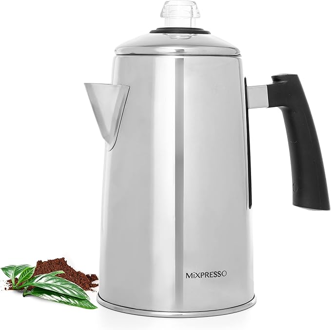 Mixpresso Stainless Steel Coffee Percolator Stovetop 52 oz Classic Percolator Coffee Pot Great For Camping Pot 12 Cup Stove Top Espresso Maker Cool-Touch Handle