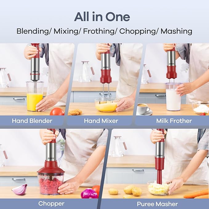Ganiza Immersion Blender Handheld 6 in 1 Hand Blender Stainless Steel Blade 15 Speed Stick Blenders 800ml Mixing Beaker 600ml Chopper Whisk Frother Potato Masher Red