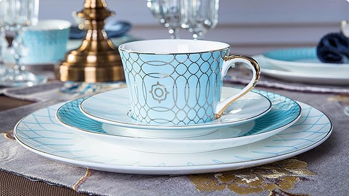 European Style Dinnerware Set Service for 4 Bone China Dinnerware Sets Unbreakable Porcelain Dinner Sets Coffee Cup and Saucer Tableware Set Steak Dinner Plates Dish Set blue