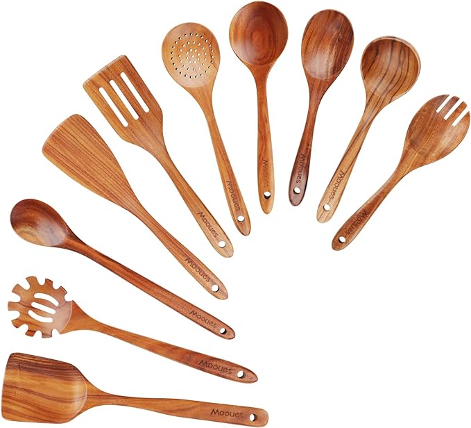 Wooden Spoons for Cooking Wooden Utensils for Cooking Natural Teak Wooden Kitchen Utensils Set Comfort Grip (10 PCS SET)