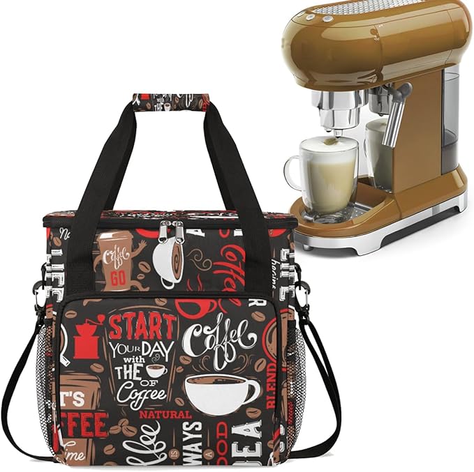 Red Start Day With Coffee Coffees Maker Carrying Bag Coffee Machine Travel Storage Tote Bag Compatible with K-Mini or K-Mini Plus Portable Single Serve Coffees Brewer Case with Pockets for K-Cup Pods