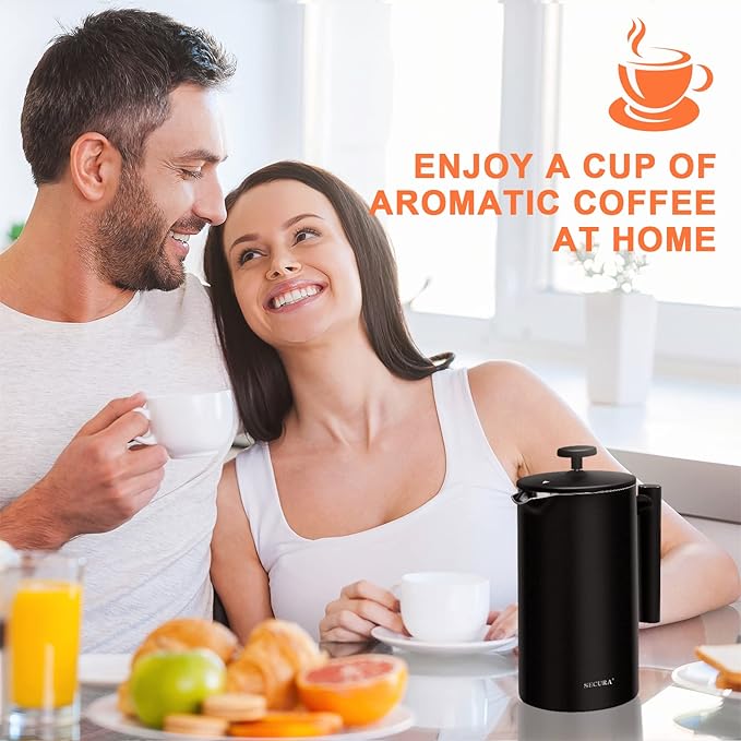 Secura French Press Coffee Maker 304 Grade Stainless Steel Insulated Coffee Press with 2 Extra Screens 34oz (1 Litre) Black