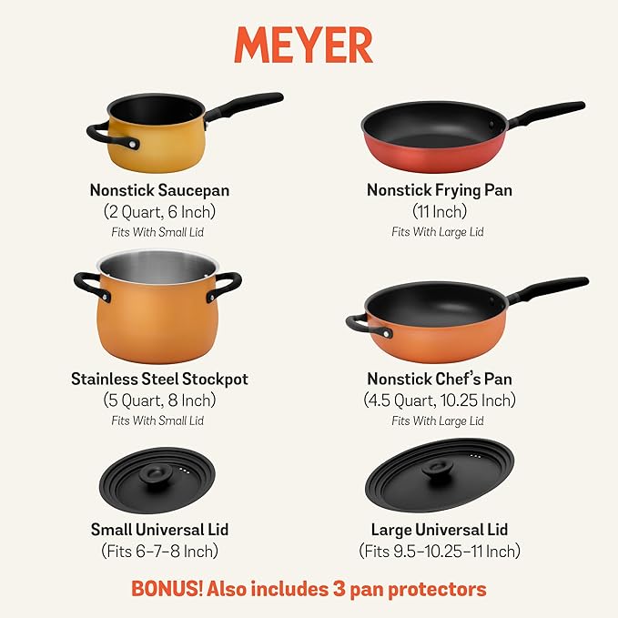 Meyer 6pc Stackable Set with Universal Lids | Hard Anodized Non Stick and Stainless Steel Pots and Pans | Induction Compatible | Dishwasher Safe | Oven Safe | Red Orange Yellow | Accent Cookware
