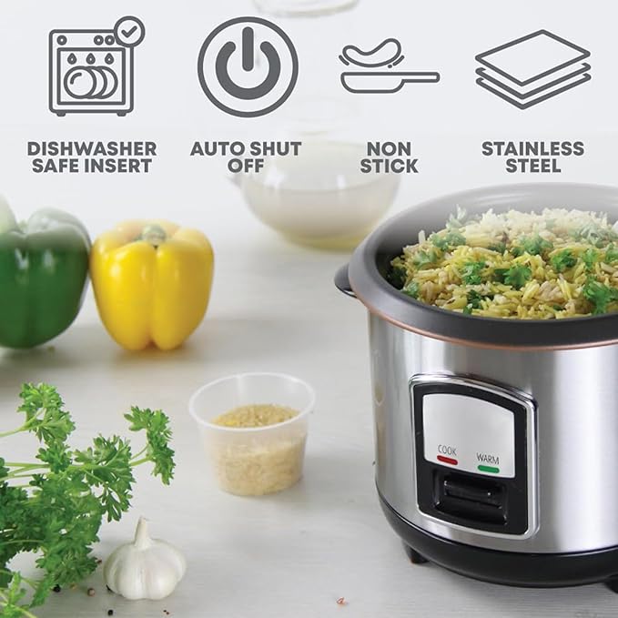 THEGA Electric Rice Cooker - 0.8L Stainless Steel Non-Stick Rice Cooker Removable Bowl Cook &amp Keep Warm Functions and Vented Glass Lid Includes Measuring Cup &amp Spatula