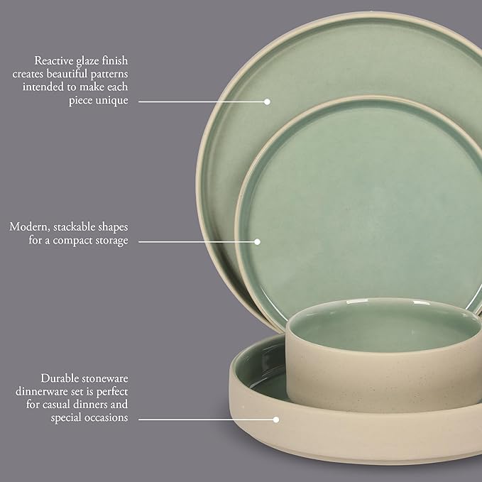Gibson Elite Liberty Bay 16-Piece Pottery Clay Stoneware Dinnerware Set – Mint Green Reactive Glaze Stackable Plates and Bowls W/Pasta Bowl Service for 4 – Microwave &amp Dishwasher Safe