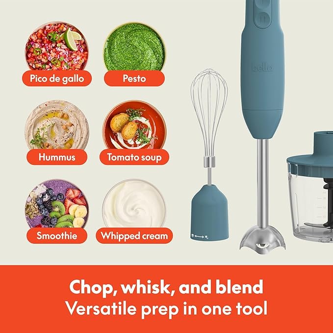 Immersion Hand Blender System with Multiple Attachments 500W Variable Speed Motor Detachable Stainless Steel Blending Arm Whisk Attachment Chopper Bowl Measuring Beaker Ergonomic Grip for Soups