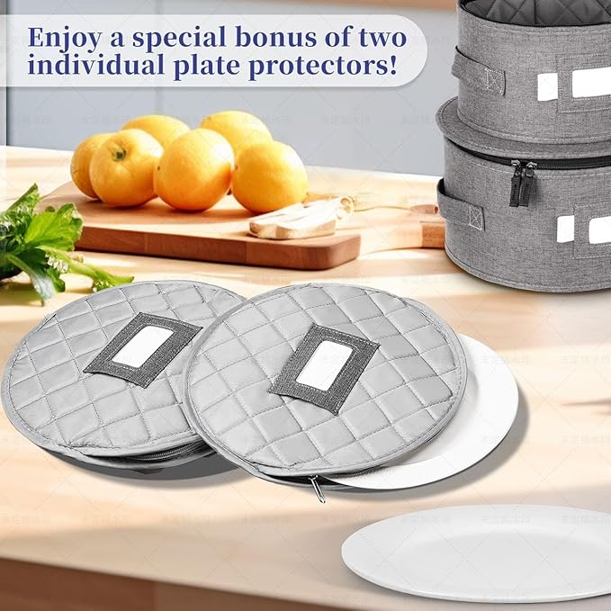 LUXULA China Storage Containers for 12 Place Setting with Two Plate Bags 5 Pcs Hard Shell Quilted China Storage Cases for Dinner Plates Salad Plates Dessert Plates Saucers Cups &amp Mug Storage