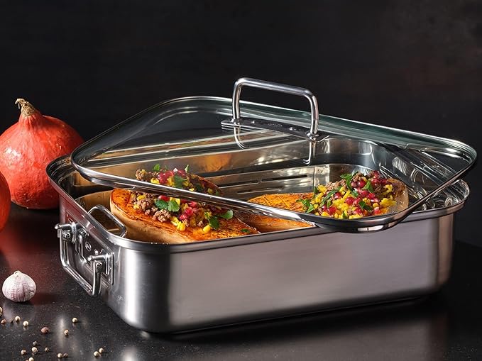 RÖSLE Expertiso Rectangular Roasting Dish with Glass Lid 18/10 Stainless Steel Oven-Safe Induction Safe Dishwasher Safe Silver 38 x 28 cm