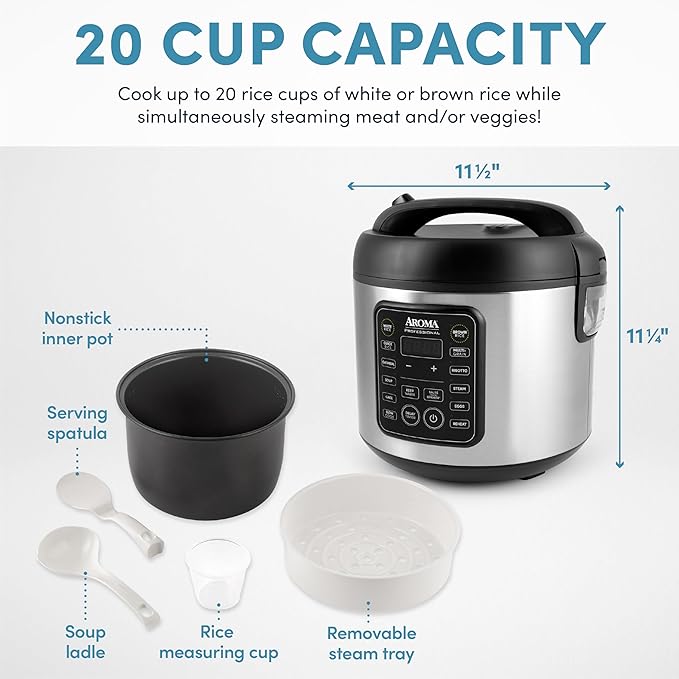 Aroma Housewares Professional Plus ARC-5000SB 20 Cup (Cooked) Digital Rice Cooker Food Steamer Slow Cooker Stainless Exterior/Nonstick Pot Silver Black 10-cup uncooked/20-cup cooked/4QT