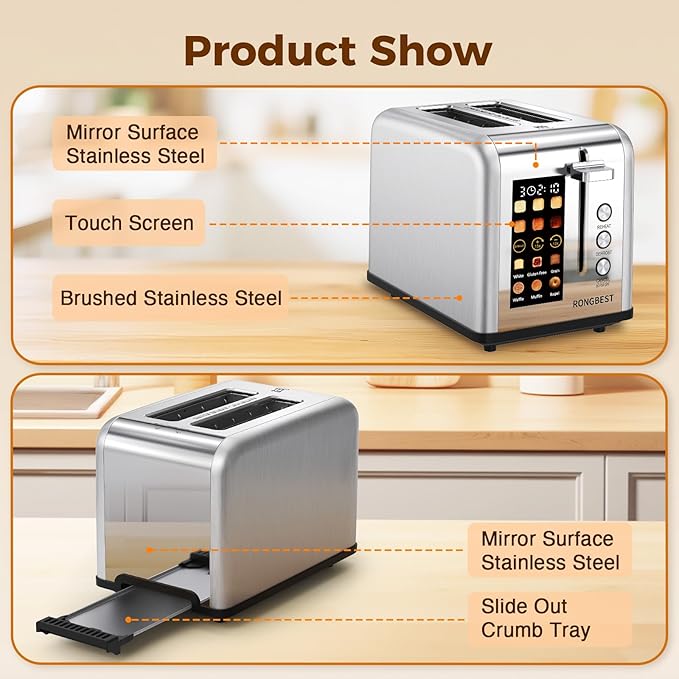 2 Slice Easy Touch Screen Toaster Stainless Steel Toaster with Wide Slots Even Toasting for Bagels &amp Bread Reheat &amp Defrost Removable Crumb Tray Silver