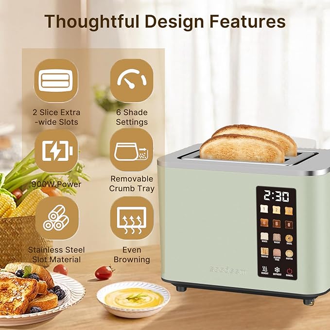 2-Slice Toaster with Touch Control 6 Shade Settings &amp 6 Bread Type 900W Removable Crumb Tray Countdown Display Smart Stainless Steel Design Green