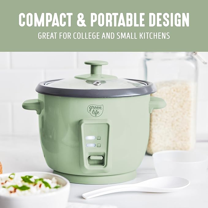 GreenLife Rice Cooker with Removable PFAS-Free Ceramic Nonstick Pot 3-Cups Uncooked/6-Cups Cooked Grains &amp Oatmeal Multicooker Compact One-Switch Design Auto Keep Warm Easy Clean Sage Green