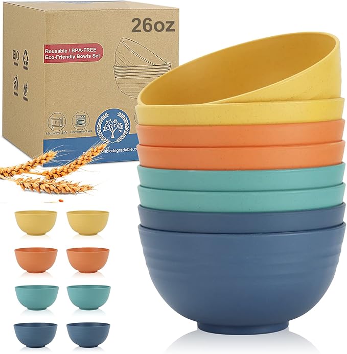 Wrova wheat straw bowls and plates sets with 16oz mugs - unbreakable dinnerware sets of 22 - Colorful Series