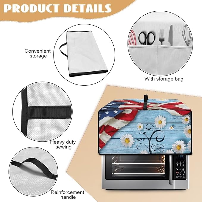 Doojoayie American Flag Toaster Oven Cover Daisy Print 4 Slice Bread Machine Dust Protector Universal Fit Dust-proof &amp Stain Resistant Covers for Kitchen Appliance Protection