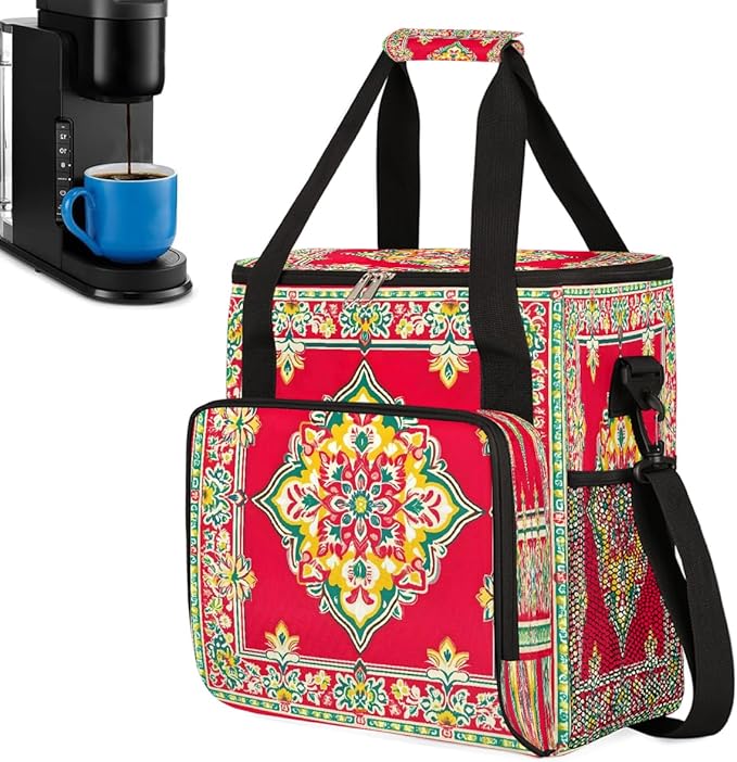 Red Window Mandala Coffee Maker Carring Bag Travel Carrying Storage Tote Bag Compatible with Keurig K-Mini or K-Mini Plus Portable Single Serve Coffee Brewer Case with Pockets for K-cup Pods