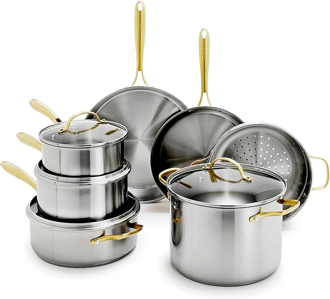 GreenPan Stainless Steel Cookware Set 11 Piece Induction Cookware Dishwasher Safe Oven Safe to 600F Large 8QT Stock Pot Sauce Saute Frying Pans Pots &amp Pans Kitchen Essentials Gold